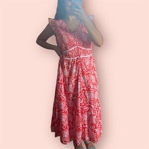 Talbots Cotton Smocked Fit & Flare Red and White Floral Midi Dress Women’s Sz 12